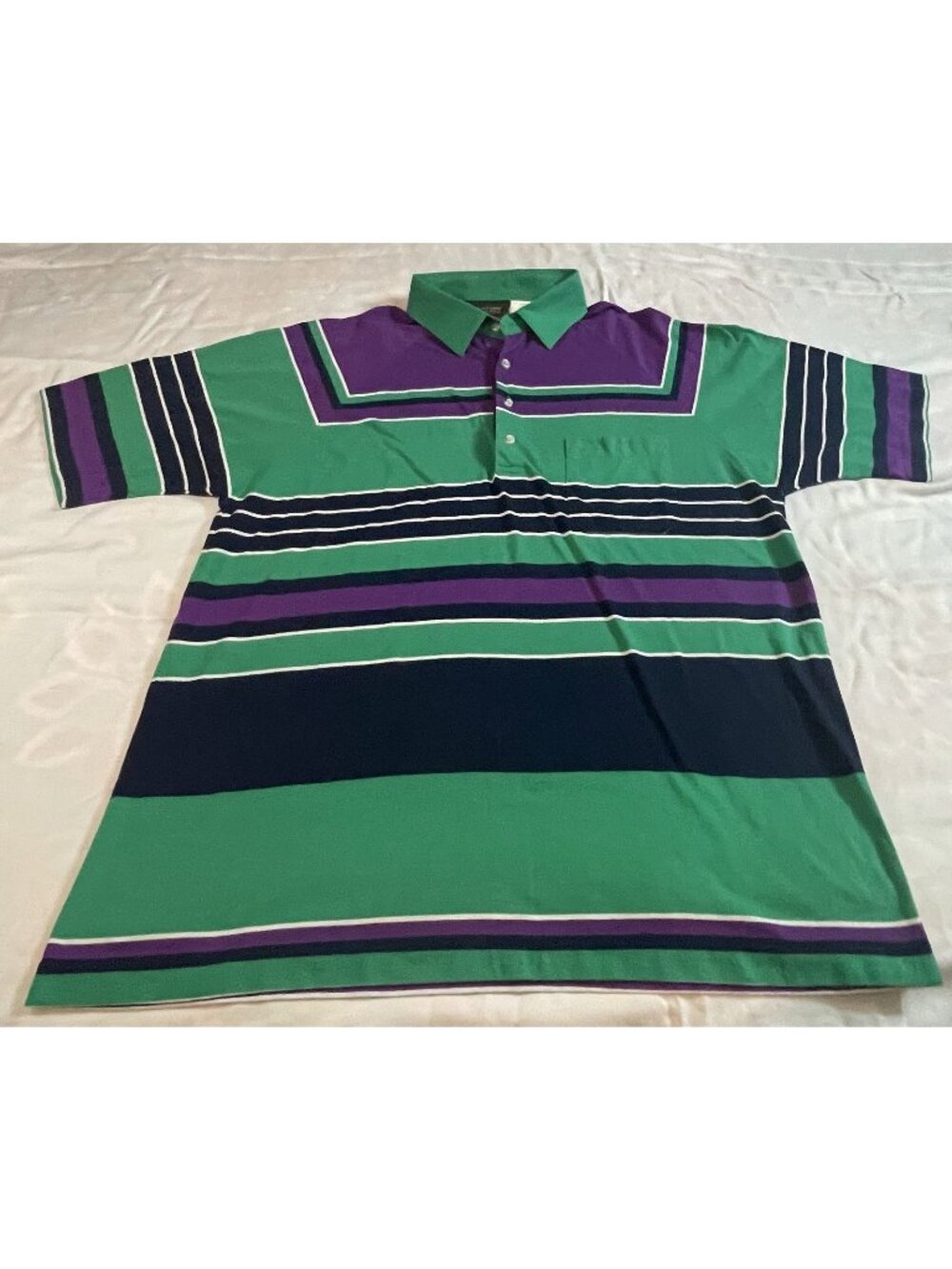 VTG 80s Jantzen Natural Touch Polo Shirt Mens L Purple Green Striped Colorblock.